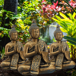 3x Buddha sitzend Gr:S gold H10 cm Dekofigur Skulptur Statue Gartenfigur Feng Shui