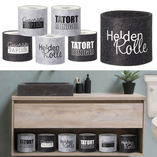Toilettenpapier Banderole Filz 6er Set mit 3 Sprüchen mit Klettverschluss hellgrau/anthrazit Toilettenrollenhülle Klopapier