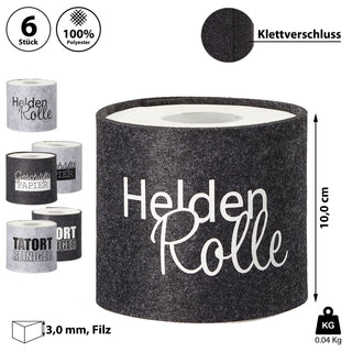 Toilettenpapier Banderole Filz 6er Set mit 3 Sprüchen mit Klettverschluss hellgrau/anthrazit Toilettenrollenhülle Klopapier