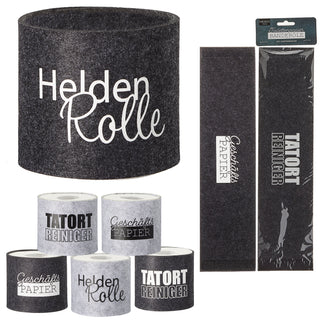 Toilettenpapier Banderole Filz 6er Set mit 3 Sprüchen mit Klettverschluss hellgrau/anthrazit Toilettenrollenhülle Klopapier