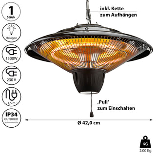Elektrischer Deckenheizstrahler, ca. 42cmD, 1500W,  Outdoor, Garten, Terrasse, Balkon