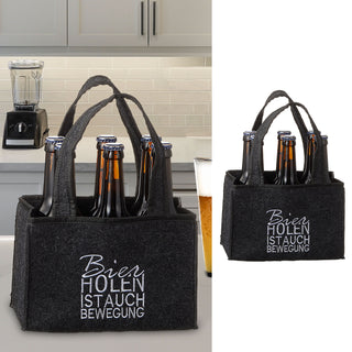 Flaschenträger 'Bier holen ist auch Bewegung' 22,5x15x14cm Filz Stickerei für 6 Flaschen Flaschentasche Männerhandtasche