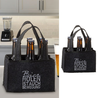Flaschenträger 'Bier holen ist auch Bewegung' 22,5x15x14cm Filz Stickerei für 6 Flaschen Flaschentasche Männerhandtasche