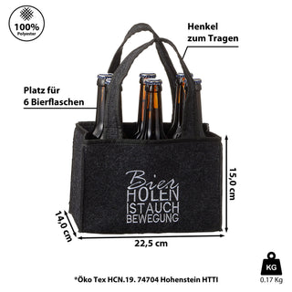 Flaschenträger 'Bier holen ist auch Bewegung' 22,5x15x14cm Filz Stickerei für 6 Flaschen Flaschentasche Männerhandtasche