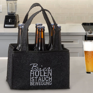 Flaschenträger 'Bier holen ist auch Bewegung' 22,5x15x14cm Filz Stickerei für 6 Flaschen Flaschentasche Männerhandtasche