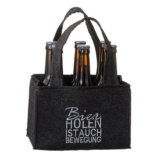 Flaschenträger 'Bier holen ist auch Bewegung' 22,5x15x14cm Filz Stickerei für 6 Flaschen Flaschentasche Männerhandtasche