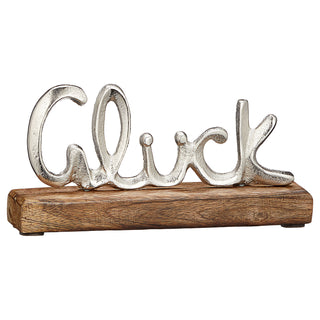 Schriftzug 'Glück' silber 17x8x4cm Mangoholz Aluminium Dekoaufsteller Tischdeko Aufsteller