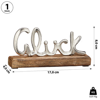 Schriftzug 'Glück' silber 17x8x4cm Mangoholz Aluminium Dekoaufsteller Tischdeko Aufsteller