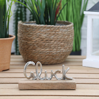 Schriftzug 'Glück' silber 17x8x4cm Mangoholz Aluminium Dekoaufsteller Tischdeko Aufsteller