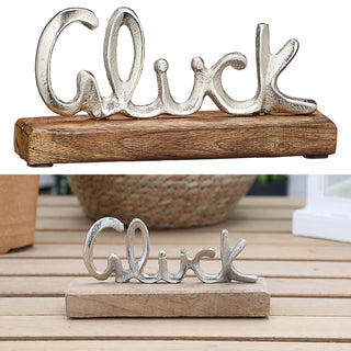 Schriftzug 'Glück' silber 17x8x4cm Mangoholz Aluminium Dekoaufsteller Tischdeko Aufsteller