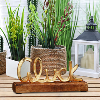 Schriftzug 'Glück' gold 17x8x4cm Mangoholz Aluminium Dekoaufsteller Tischdeko Aufsteller