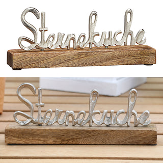 Schriftzug 'Sterneküche' silber 22x9x4cm Mangoholz Aluminium Dekoaufsteller Tischdeko Aufsteller