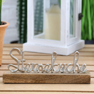 Schriftzug 'Sterneküche' silber 22x9x4cm Mangoholz Aluminium Dekoaufsteller Tischdeko Aufsteller