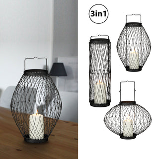 3in1 Metalllaterne schwarz flexibel Windlicht Kerzenhalter Gartenlaterne