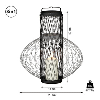 3in1 Metalllaterne schwarz flexibel Windlicht Kerzenhalter Gartenlaterne