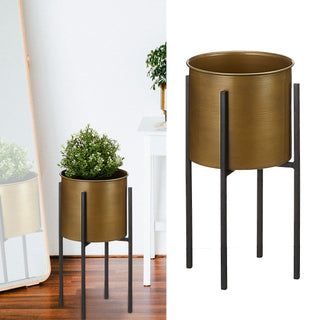 Pflanztopf gold auf schwarzem Gestell 24x50cm Blumenständer Übertopf Topf rund Vintagelook