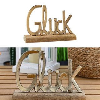 Schriftzug 'Glück' gold 25x18x6,5cm Mangoholz Aluminium Dekoaufsteller Tischdeko Aufsteller