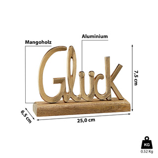 Schriftzug 'Glück' gold 25x18x6,5cm Mangoholz Aluminium Dekoaufsteller Tischdeko Aufsteller