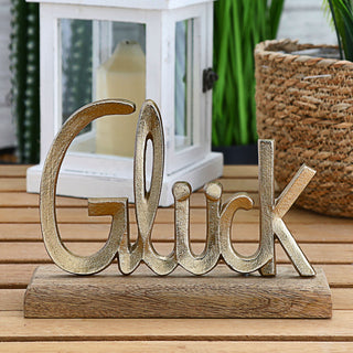 Schriftzug 'Glück' gold 25x18x6,5cm Mangoholz Aluminium Dekoaufsteller Tischdeko Aufsteller