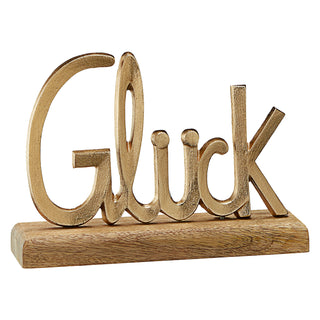 Schriftzug 'Glück' gold 25x18x6,5cm Mangoholz Aluminium Dekoaufsteller Tischdeko Aufsteller