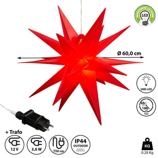LED Leuchtstern 3D PVC Weihnachststern XL zum Aufhängen beleuchtet Timerfunktion rot inkl. SMD LED Ø 60cm Outdoor IP44
