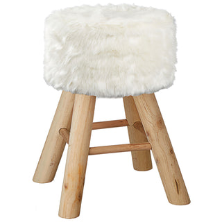 Fellhocker weiß rund 28x40cm Kiefer Polyester Schaumstoff Sitzhocker Fußhocker Kunstfell Dekohocker mit Holzfüssen