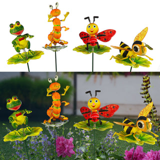 4er Set Blumenstecker Tiere auf Blatt H60cm Eisen Polystyrol bunt Biene Frosch Raupe Marienkäfer beweglich Gartendekoration