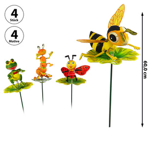 4er Set Blumenstecker Tiere auf Blatt H60cm Eisen Polystyrol bunt Biene Frosch Raupe Marienkäfer beweglich Gartendekoration