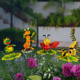 4er Set Blumenstecker Tiere auf Blatt H60cm Eisen Polystyrol bunt Biene Frosch Raupe Marienkäfer beweglich Gartendekoration