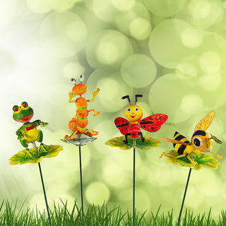 4er Set Blumenstecker Tiere auf Blatt H60cm Eisen Polystyrol bunt Biene Frosch Raupe Marienkäfer beweglich Gartendekoration