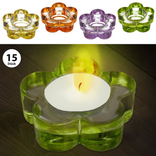 Teelichthalter Blume 15 Stück Display bunt sortiert 4 Farben Windlicht Teelicht Kerze Kerzenständer