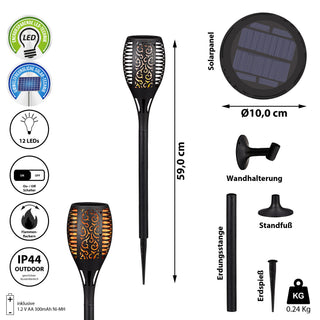 4er Set LED Solar Fackel, real. Flammenflackern ca. 58cmH, Licht, Lampen, stellen, stecken, Wandhalterung