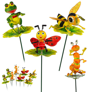 12er Set Blumenstecker Tiere auf Blatt H60cm Eisen Polystyrol bunt Biene Frosch Raupe Marienkäfer beweglich Gartendekoration