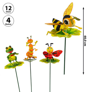 12er Set Blumenstecker Tiere auf Blatt H60cm Eisen Polystyrol bunt Biene Frosch Raupe Marienkäfer beweglich Gartendekoration