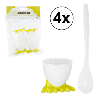 4x 4 Eierbecher im Eierschalen Design mit Füßen und 4 Eierlöffel, Eierbecher-Set, 8tlg, Kücken, Ostern, Frühstück; Ei