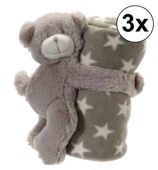 3x Babydecke "Stern" mit Bär, grau, 75x75cm, Teddybär