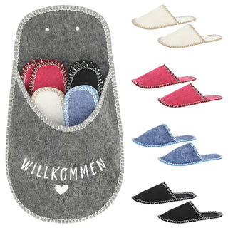 1x Gäste-Pantoffel-Set, "Welcome" 4 Paar in verschiedenen Größen Filz Hausschuhe Gästehaus