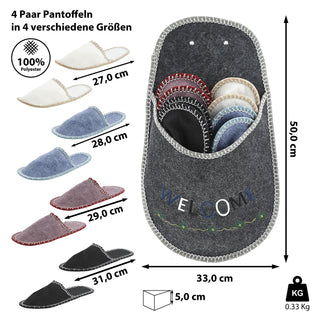 1x Gäste-Pantoffel-Set, "Welcome" 4 Paar in verschiedenen Größen Filz Hausschuhe Gästehaus