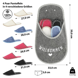 1x Gäste-Pantoffel-Set, "Welcome" 4 Paar in verschiedenen Größen Filz Hausschuhe Gästehaus