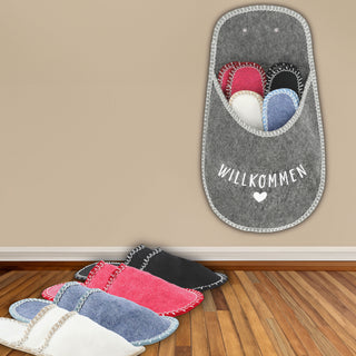 1x Gäste-Pantoffel-Set, "Welcome" 4 Paar in verschiedenen Größen Filz Hausschuhe Gästehaus