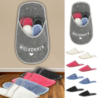 1x Gäste-Pantoffel-Set, "Welcome" 4 Paar in verschiedenen Größen Filz Hausschuhe Gästehaus