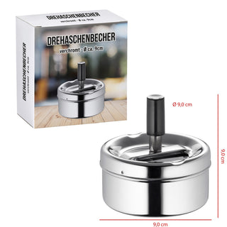 1x  Verchromter Drehaschenbecher, 9cm Durchmesser, Metall, geruchsarm, Innen, Außen, Terrasse, Balkon, Wohnung