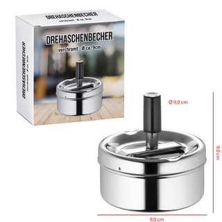1x  Verchromter Drehaschenbecher, 9cm Durchmesser, Metall, geruchsarm, Innen, Außen, Terrasse, Balkon, Wohnung
