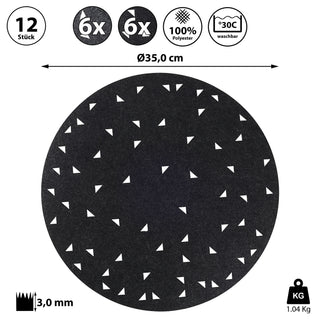 12x Tischset Platzmatte Tischset rund Ø 35cm aus Filz mit Dreiecksmuster 6x hellgrau 6x dunkelgrau
