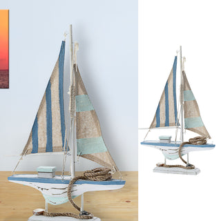 Segelboot auf Sockel blau weiß natur H31cm maritim Boot Schiff Dekoschiff Holzboot Muscheln