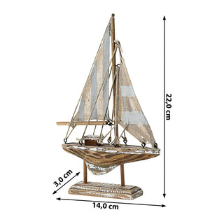 Segelboot auf Sockel blau grau natur H22cm maritim Boot Schiff Dekoschiff Holzboot Segeln