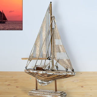 Segelboot auf Sockel blau grau natur H22cm maritim Boot Schiff Dekoschiff Holzboot Segeln