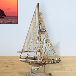 Segelboot auf Sockel grau natur H32cm maritim Boot Schiff Dekoschiff Holzboot Antikfinisch