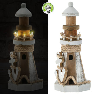 LED Leuchtturm maritim Kiefernholz Jute H25cm Naturtöne Antikfinisch Gartendeko Leuchtfeuer batteriebetrieben
