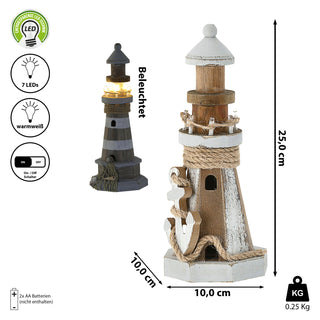 LED Leuchtturm maritim Kiefernholz Jute H25cm Naturtöne Antikfinisch Gartendeko Leuchtfeuer batteriebetrieben